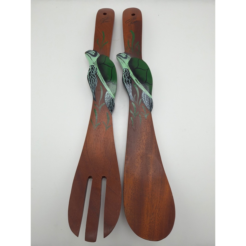 Costa Rica Hand-Painted Sea Turtle Wooden Salad Servers Set Folk Art